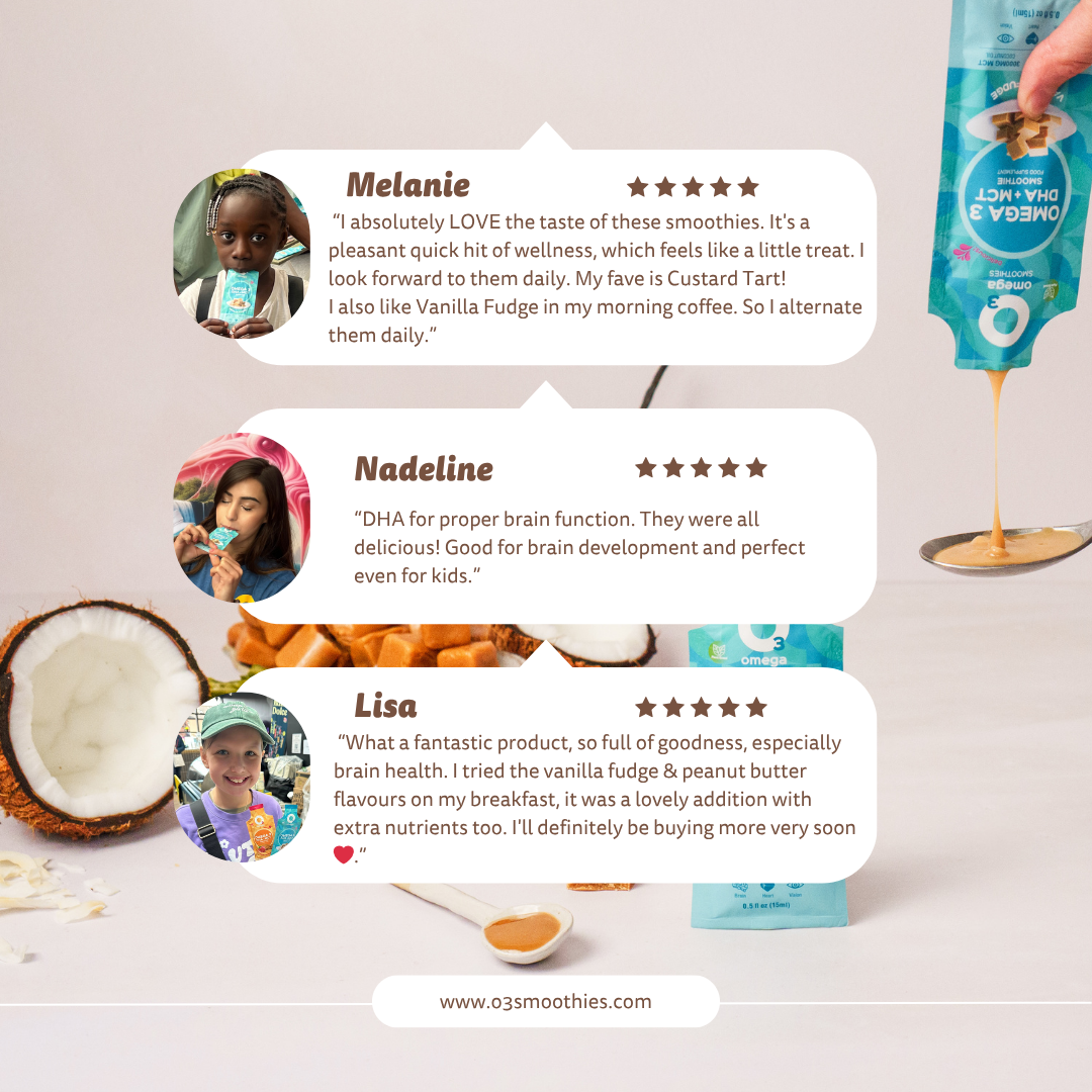 vanilla fudge with customer reviews and smoothie ingredients on a light background o3omega smoothies liposomal supplements brain health reviews o3smoothies liquid omega 3 supplement fish free vegan