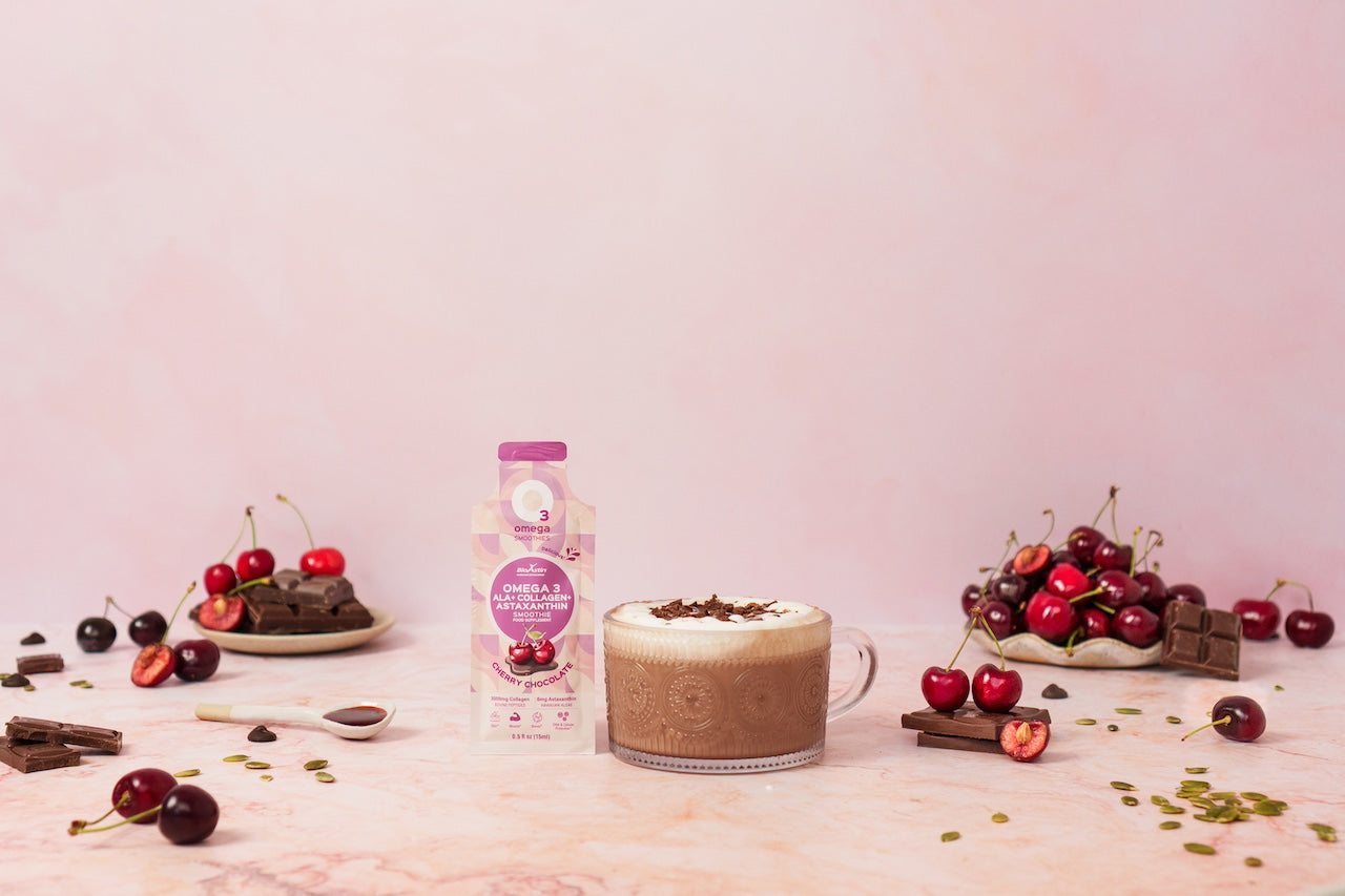 Beauty Food Omega 3 liposomal supplement in cherry chocolate flavour liquid hydrolysed bovine collagen peptides with astaxanthin antioxidant antiaging skin glow beauty supplement o3omega smoothies protein sachet hot chocolate blend versatile supplement