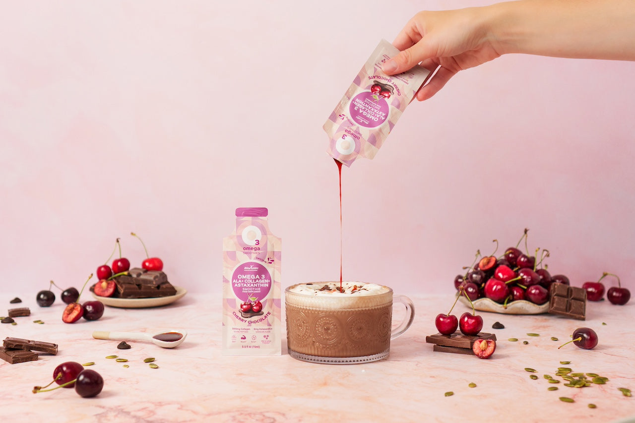 Beauty Food Omega 3 liposomal supplement in cherry chocolate flavour liquid hydrolysed bovine collagen peptides with astaxanthin antioxidant antiaging skin glow beauty supplement o3omega smoothies protein sachet