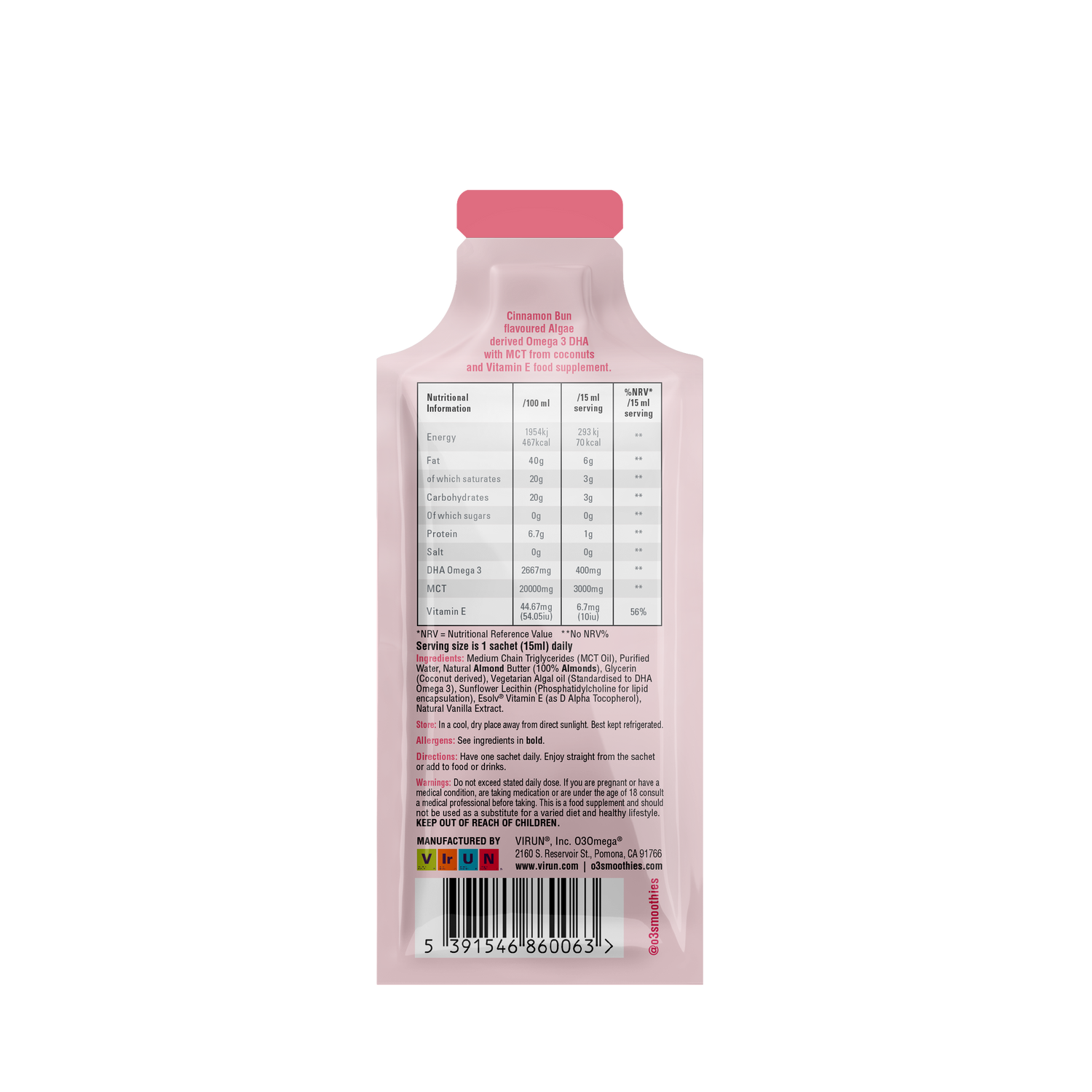 Brain food o3smoothies omega 3 dha mct oil sachet algae memory focus eye support label