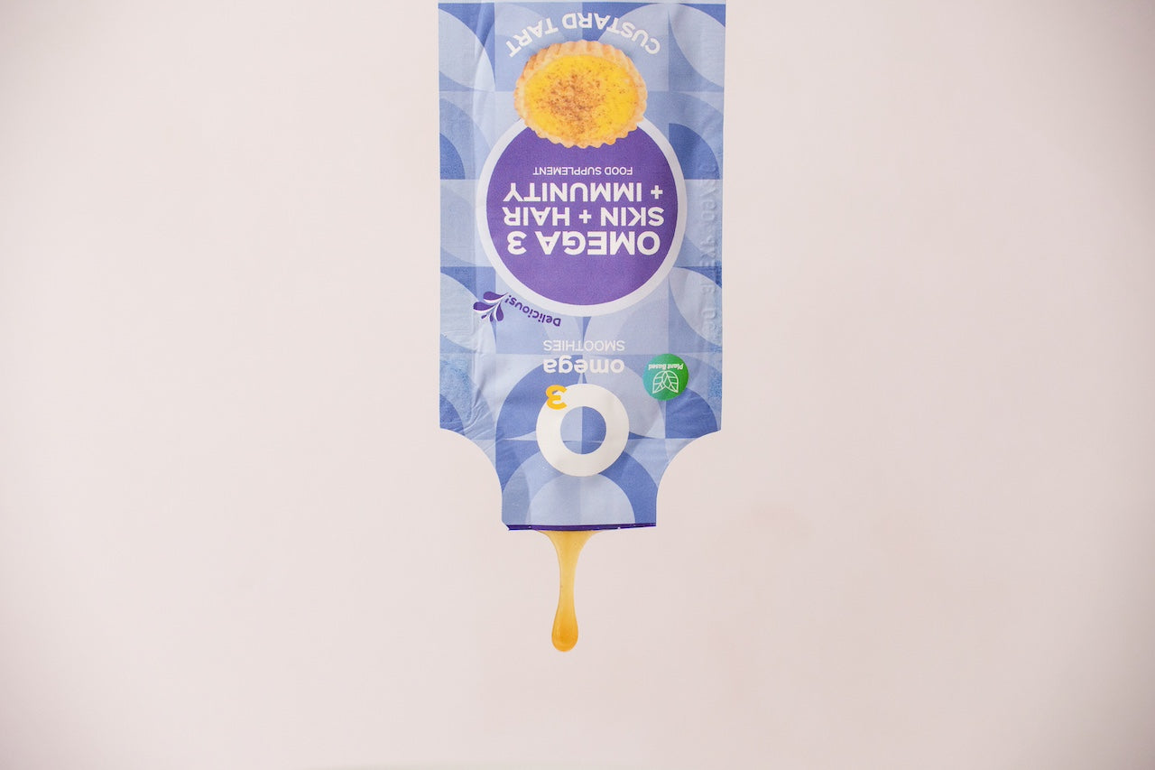 o3omega smoothies Omega 3 skin, hair, and immunity supplement packaging with custard tart flavour o3smoothies custard tart pastel de nata liposomal vitamin d3, zinc, b6, ceramosides, flaxseed oil liposomal multivitamin, travel supplement