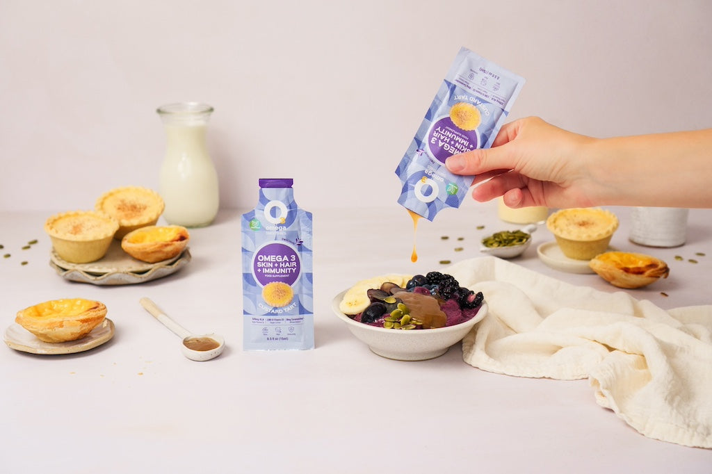 o3omega smoothies Omega 3 skin, hair, and immunity supplement packaging with custard tart flavour o3smoothies custard tart pastel de nata liposomal vitamin d3, zinc, b6, ceramosides, flaxseed oil liposomal multivitamin, travel supplement