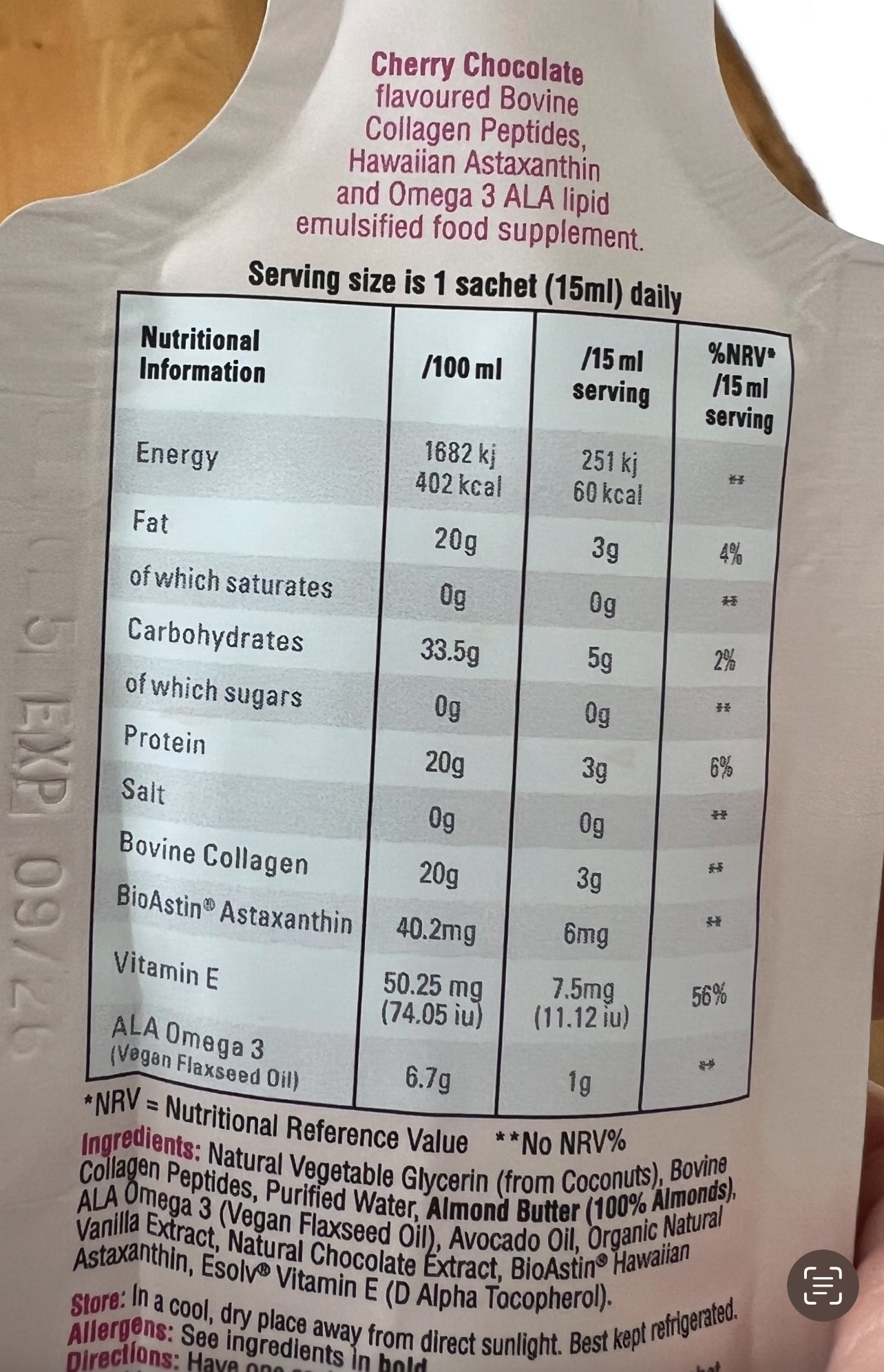 o3smoothies cherry chocolate collagen astaxanthin nutritional label