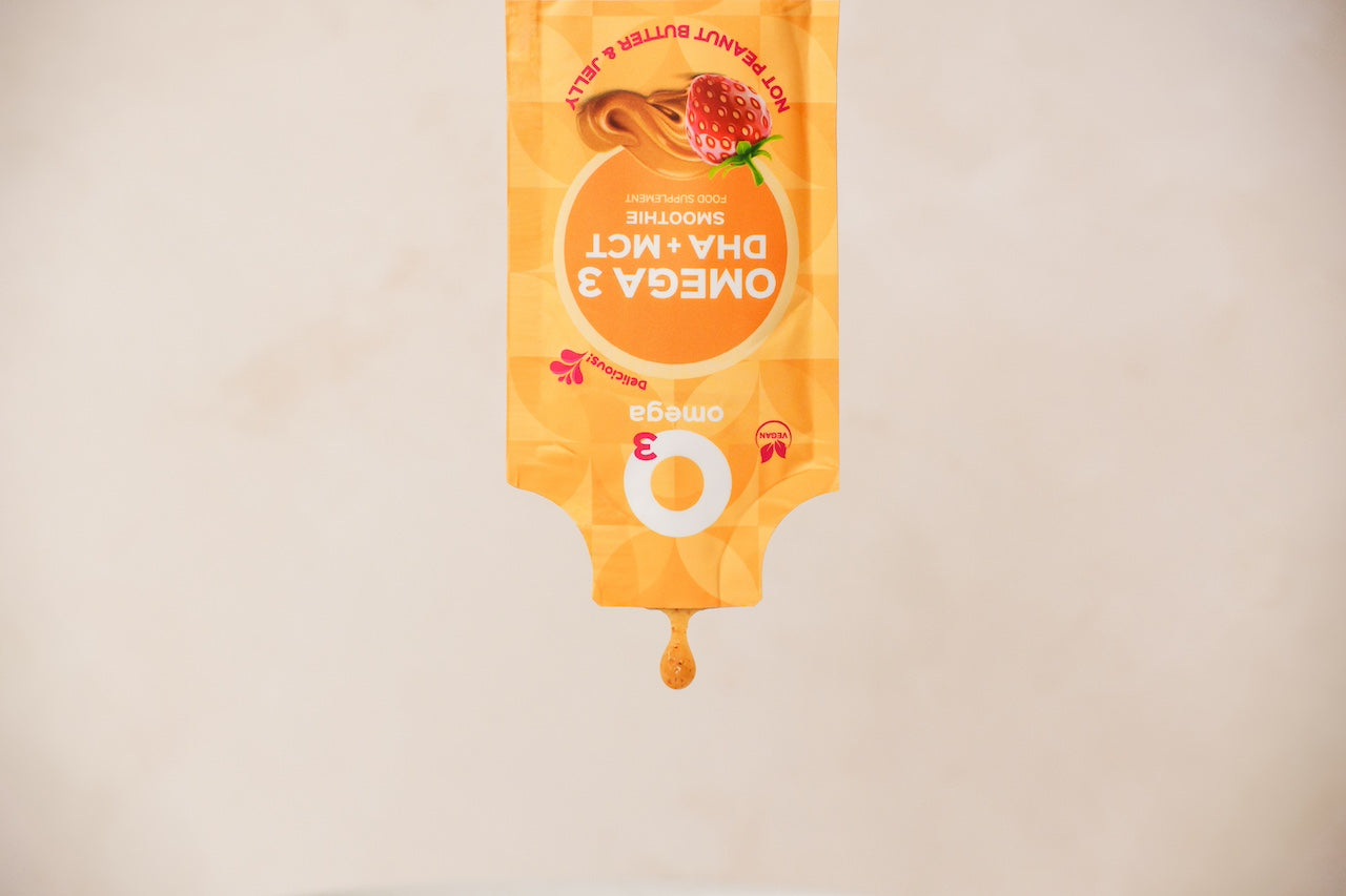 not pb and j o3omega smoothies Brain food o3smoothies omega 3 dha mct oil sachet algae memory focus eye support liposomal supplements fish free vegan