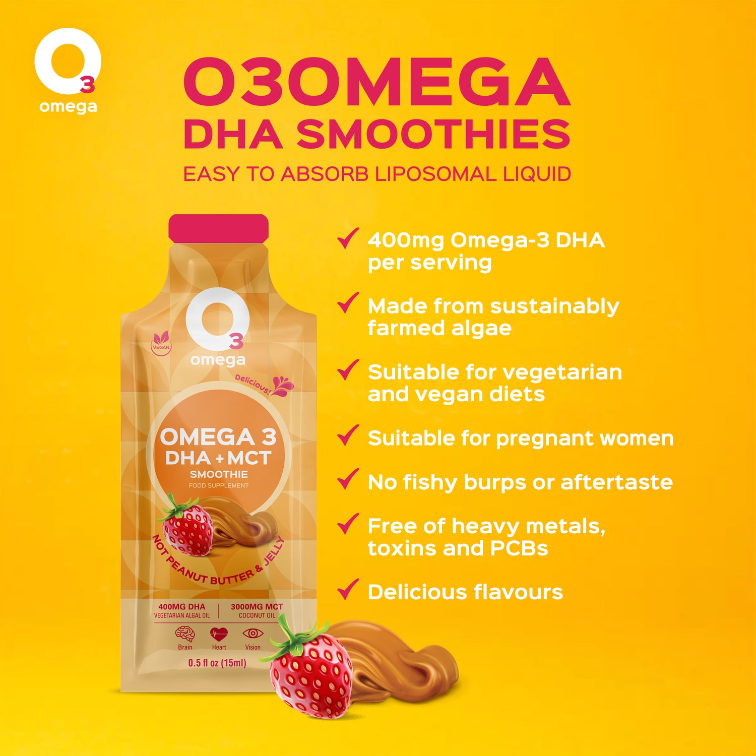 Not Peanut Butter & Jelly O3Omega® DHA + MCT Smoothie Supplement - O3 Smoothies