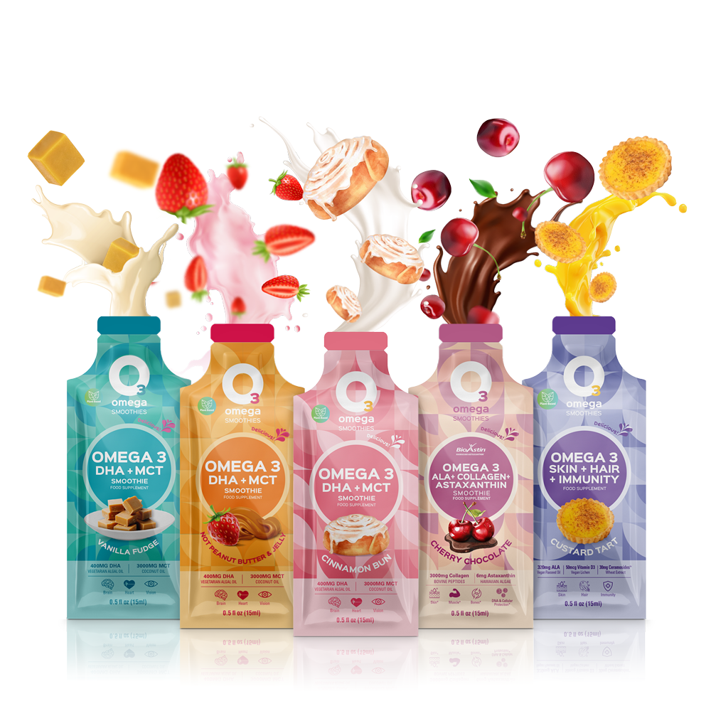 An array of O3Omega smoothie sachets in a line, each with a different flavor label, including Vanilla Fudge, Cinnamon Bun, Almond Butter & Jelly, Cherry Chocolate, and Custard Tart. Liposomal liquid omega 3 supplements fish free. omega 3 dha, collagen peptides, c8 mct oil, astaxanthin antioxidant, healthy flavours, almond butter
