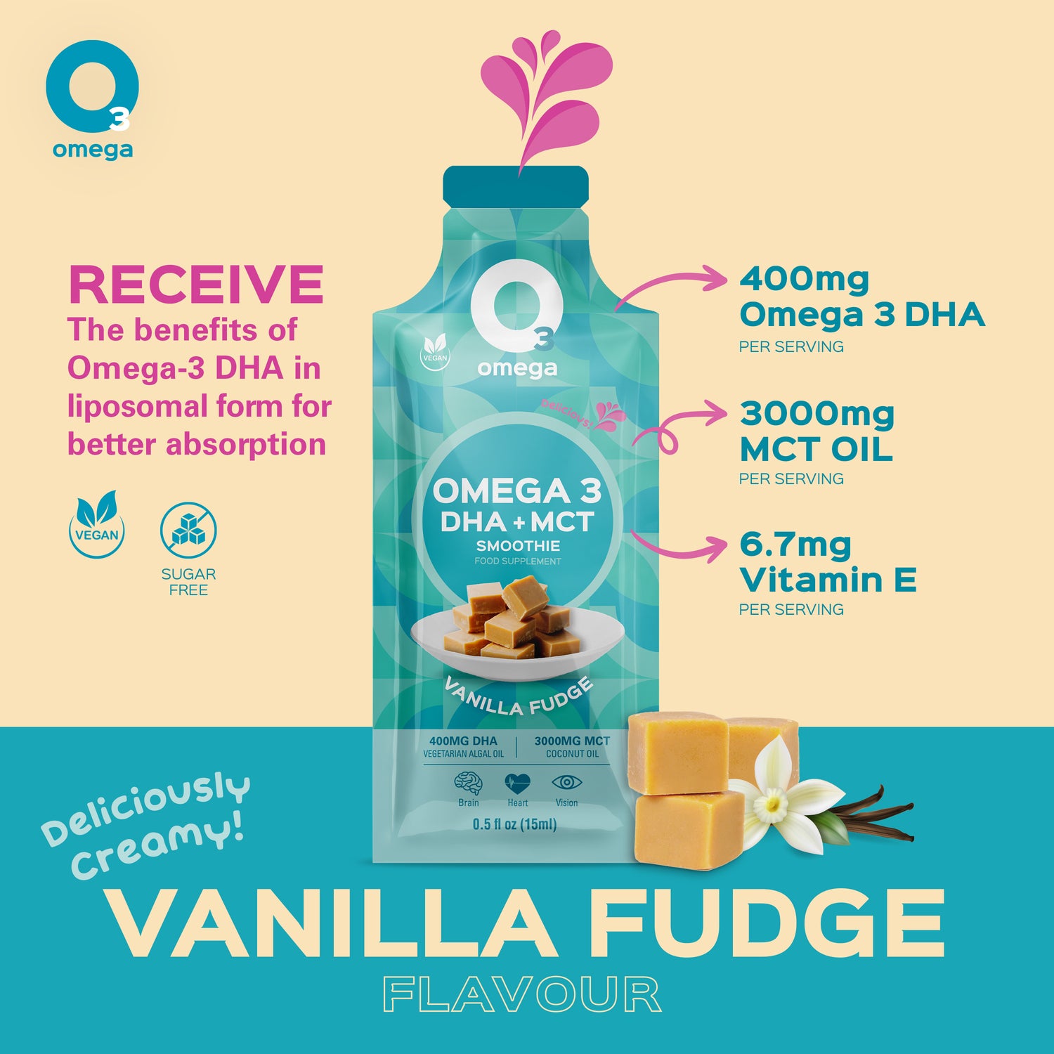 Vanilla Fudge O3Omega® DHA + MCT Smoothie Supplement - O3 Smoothies
