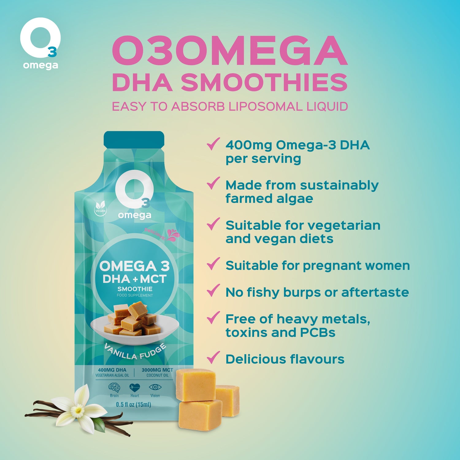 Vanilla Fudge O3Omega® DHA + MCT Smoothie Supplement 20.00% Off Auto renew - O3 Smoothies