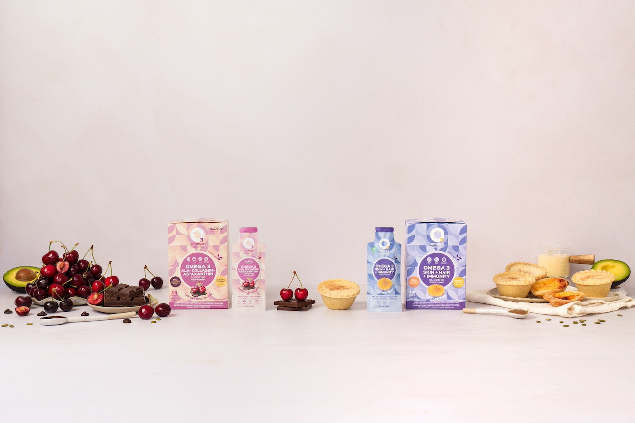 o3omega smoothies beauty and skin food supplements astaxanthin, collagen, ala, Omega 3 skin, hair, and immunity supplement packaging with custard tart flavour o3smoothies custard tart pastel de nata liposomal vitamin d3, zinc, b6, ceramosides, flaxseed oil liposomal multivitamin, travel supplement