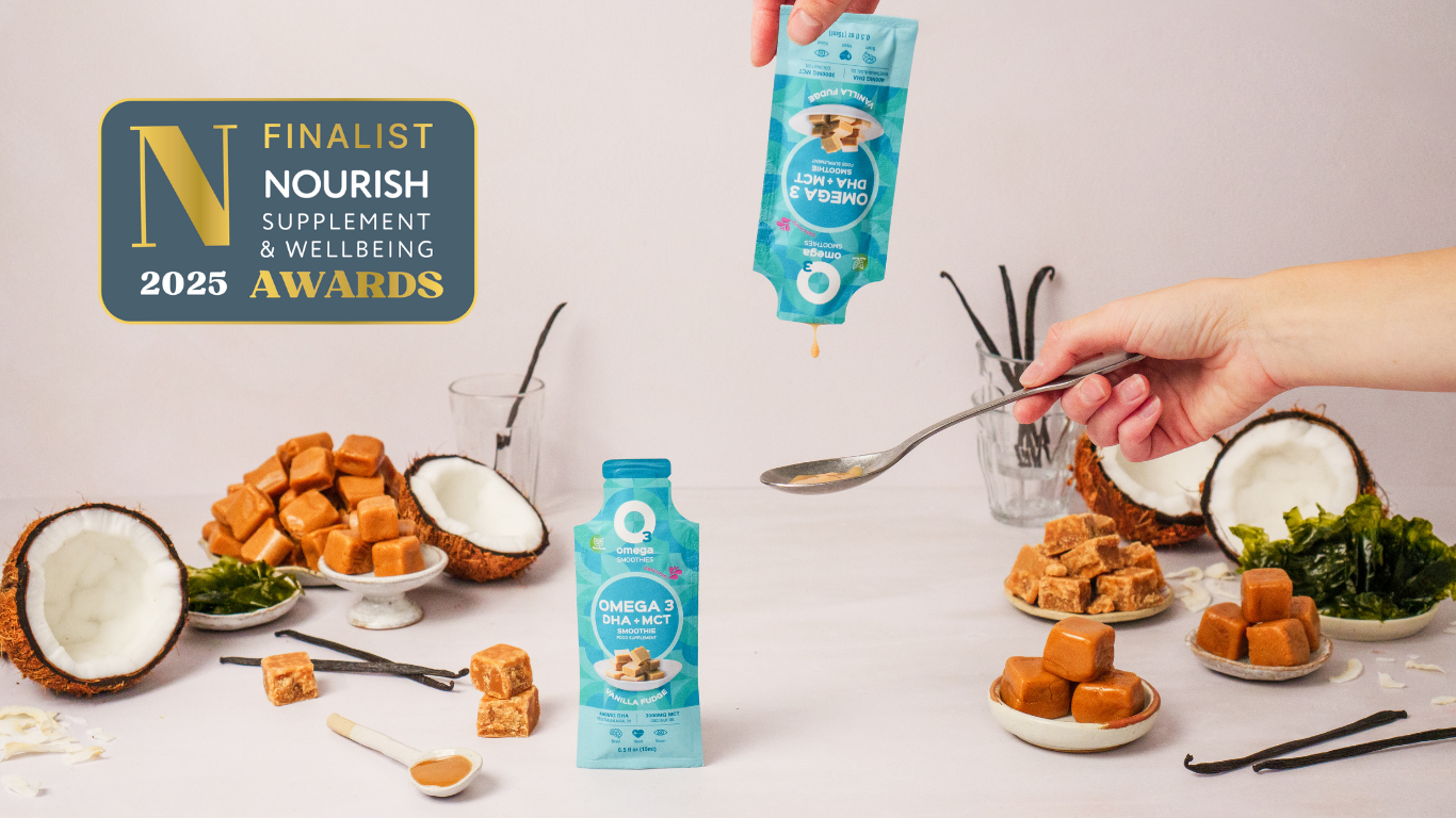 Nourish awards 2025 o3smoothies o3omega smoothies vanilla fudge algae omega 3 dha liposomal supplement with ingredients and a hand holding a spoon, featuring Nourish Supplement & Wellbeing Awards text.
