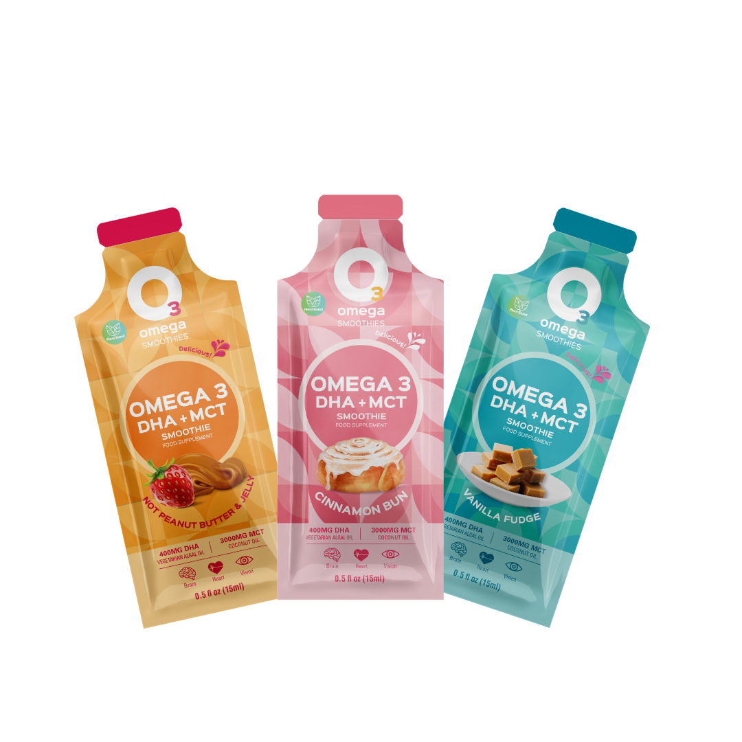 o3omega smoothies brain food supplements, memory, focus, cognitive development, eyesight, heart health, keto energy, nut butter sachets, liquid omega 3 fish free o3omega started pack