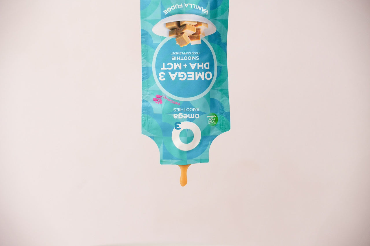 vanilla fudge almond butter o3omega smoothies Brain food o3smoothies omega 3 dha mct oil sachet algae memory focus eye support liposomal supplements fish free vegan