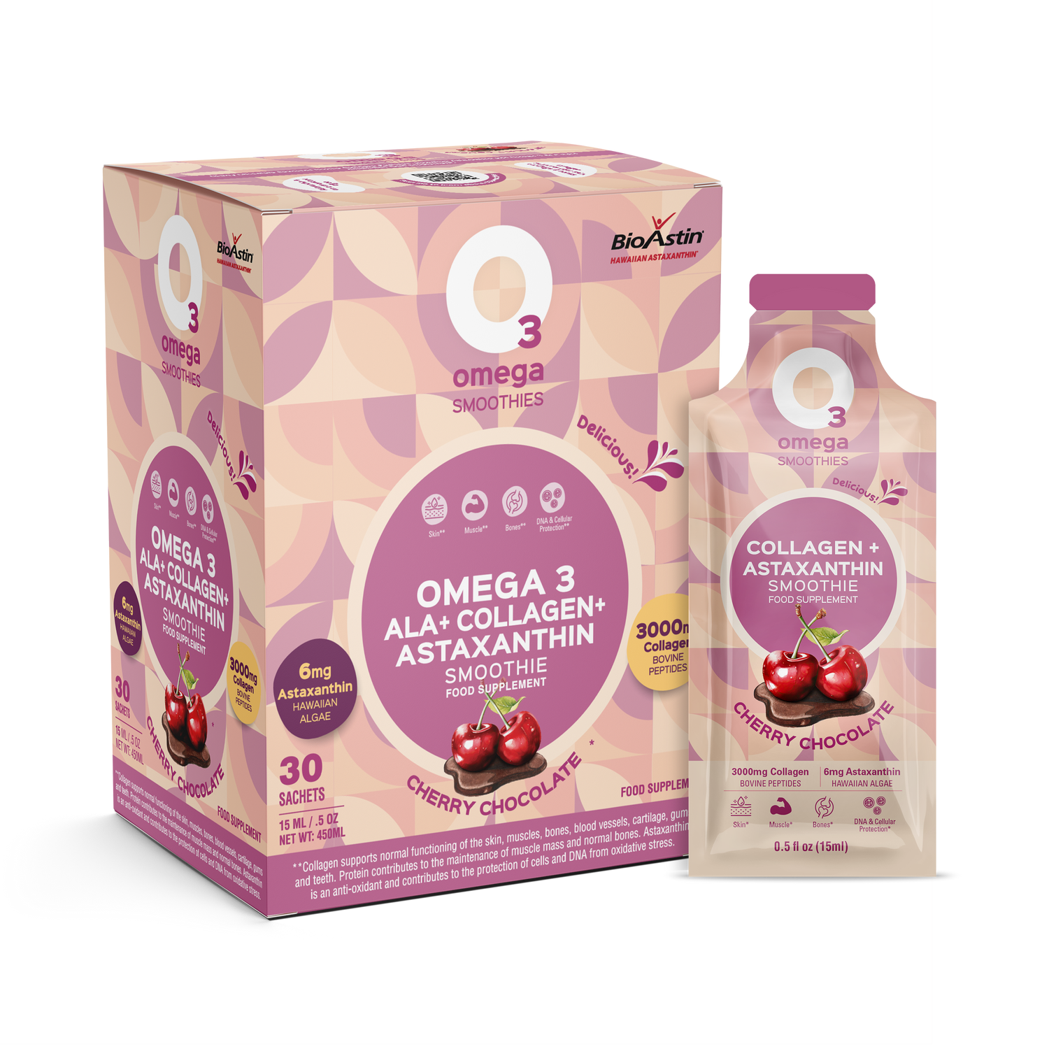 Cherry Chocolate O3Omega® Hawaiian Astaxanthin + Bovine Collagen Peptides Smoothie Supplement