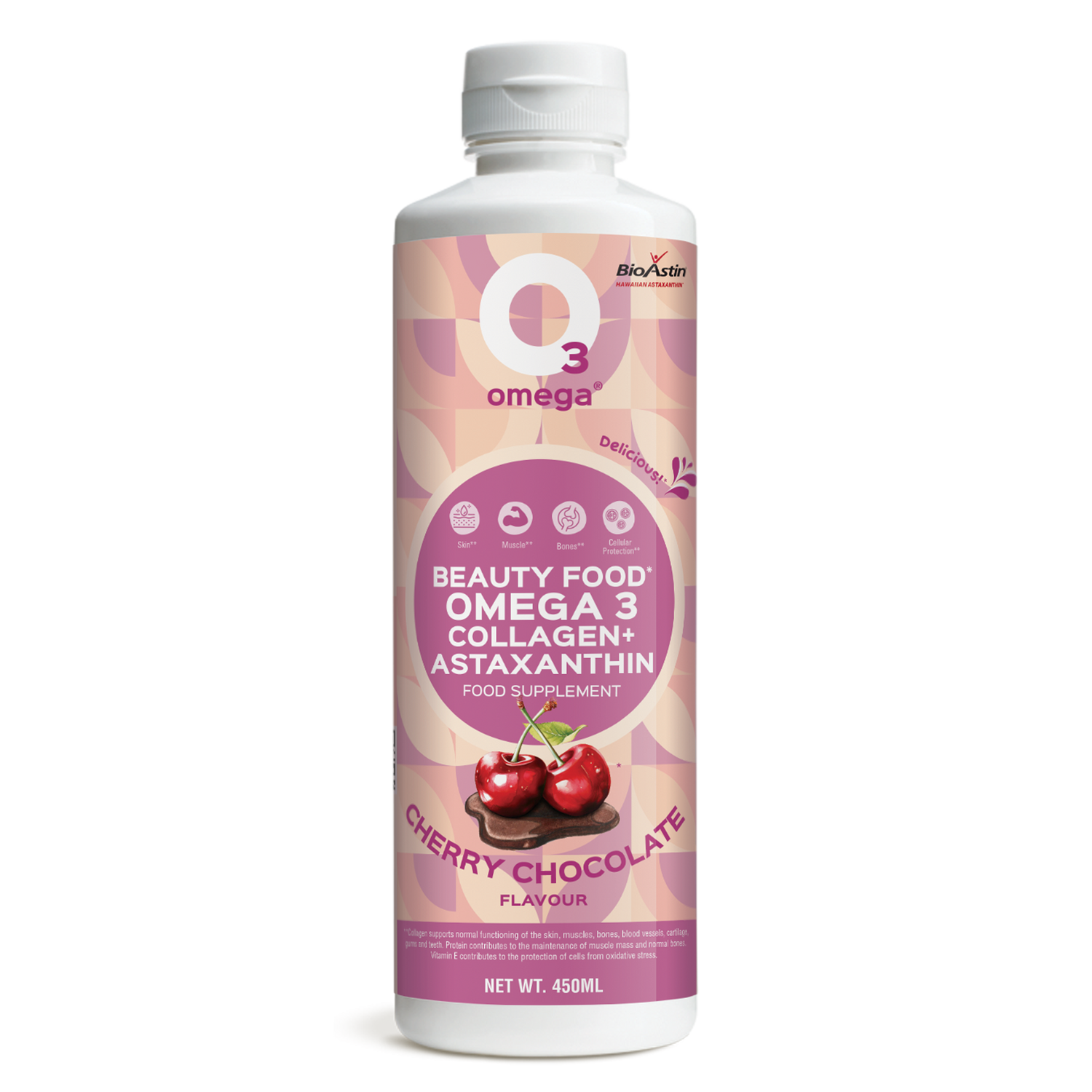 Cherry Chocolate O3Omega® Hawaiian Astaxanthin + Bovine Collagen Peptides Supplement 30 Serving Bottle - O3 Smoothies