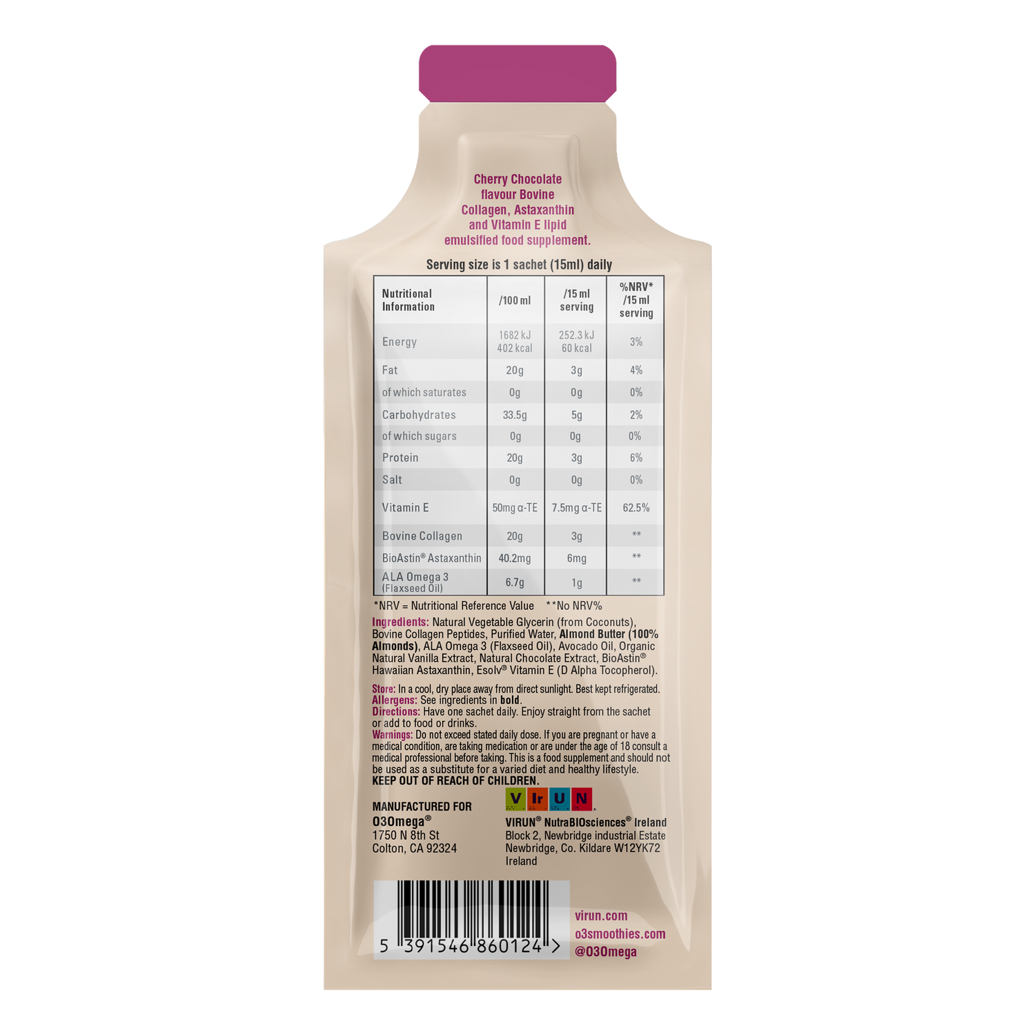 Cherry Chocolate O3Omega® Hawaiian Astaxanthin + Bovine Collagen Peptides Supplement 30 Serving Bottle - O3 Smoothies